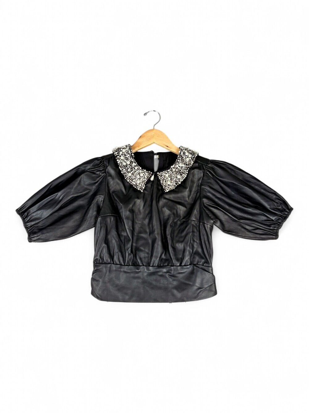 Maeve Embellished Pearl-Collar Black Leather-Look Blouse XS